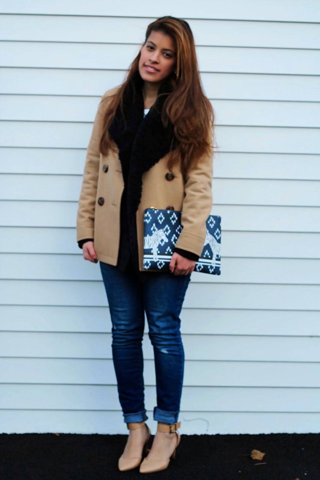 old navy, pea coat, camel, nine west, nude, ankle-strap heels, ankle strap, joan vass, ro and de, distressed, wool, heels, c.wonder, zebra, clutch, pouch, faux fur, sweater, faux fur sweater, faux, outfit of the day, ootd, nordstrom rack, nordstrom, faux leather, leather, jeans, skinny jeans, rockstar, 