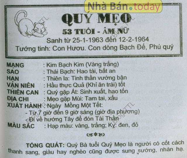 TỬ VI TUỔI QUÝ MÃO 1963