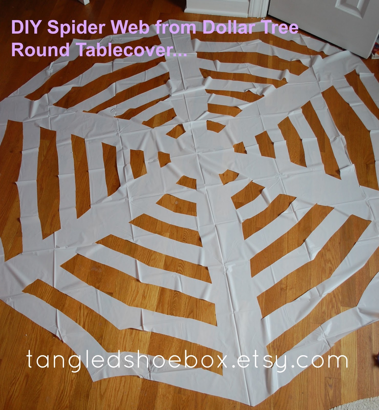 tangled shoebox DIY Spider  (Dollar Tree Round Tablecloth)