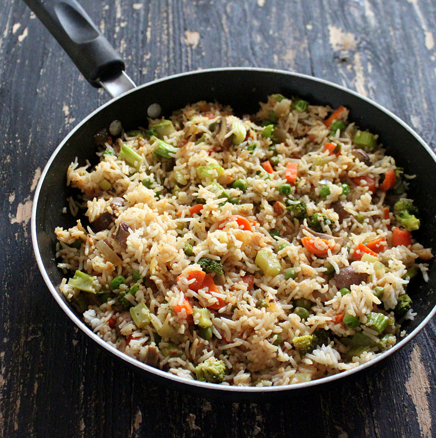 Vegan Garlic Fried Rice with Celery, Mushrooms, Broccoli, Bell Peppers