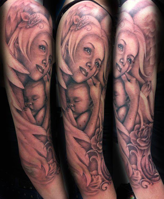 Fantasy mother and baby tattoo on whole sleeve