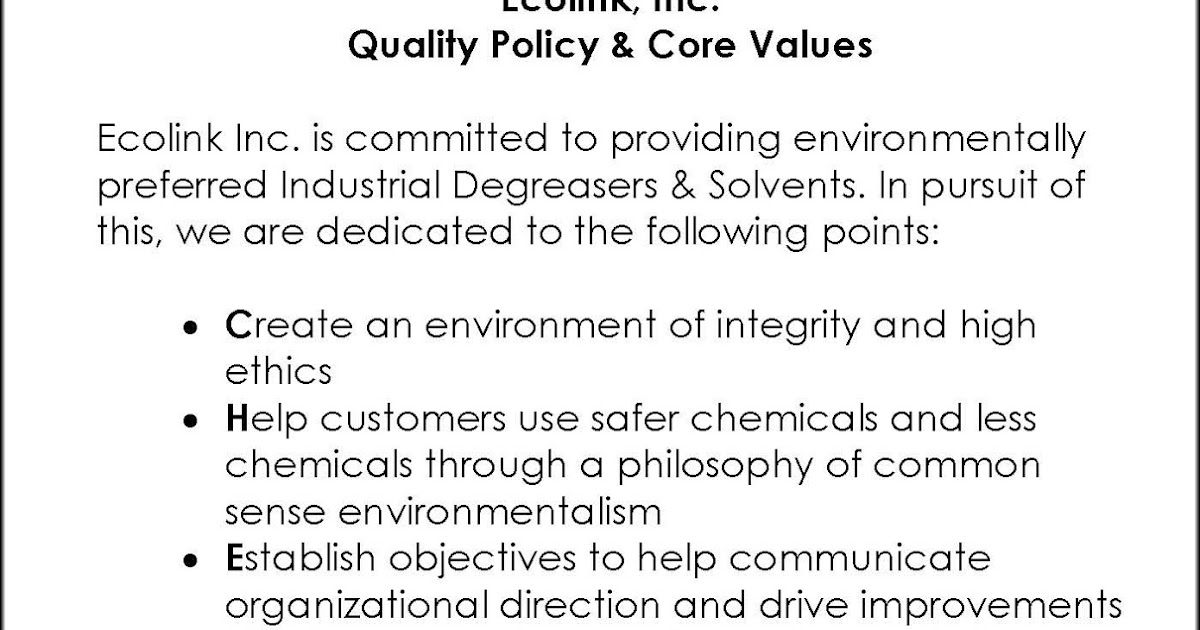 ISO 90012015 Update Ecolink Inc.’s Quality Policy and Cultural Norms