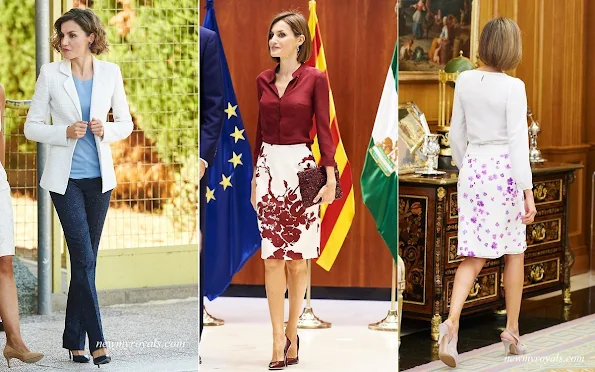 The outfits worn by Queen Letizia of Spain. Queen Letizia owns this style in many different colours and fabrics. Queen Letizia of Spain new style icon. Beethoven Earrings, Letizia S Closet, Royal Jewelry, Royal Style, Spanish Royals, Queen Letizia of Spain wearing dangly Earrings, Bracelets. diamond, necklaces. 