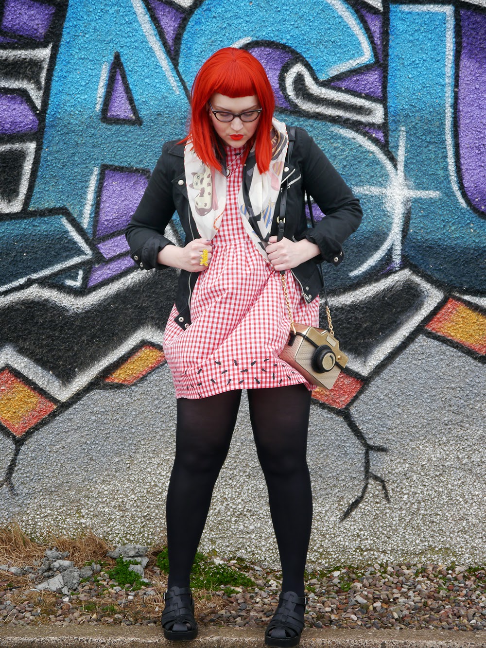 Blogging duo, Scottish blogging duo, Scottish bloggers, twin styling, red wig, ginger wig, cat eye glasses, Vintage Style Me gingham dress, Karen Mabon bull in a china shop scarf, H&M biker style jacket, Bonnie Bling name ring, Helen's style, Blog birthday, style challenge, Sugar & Vice cherry bakewell necklace, Accessorize camera bag
