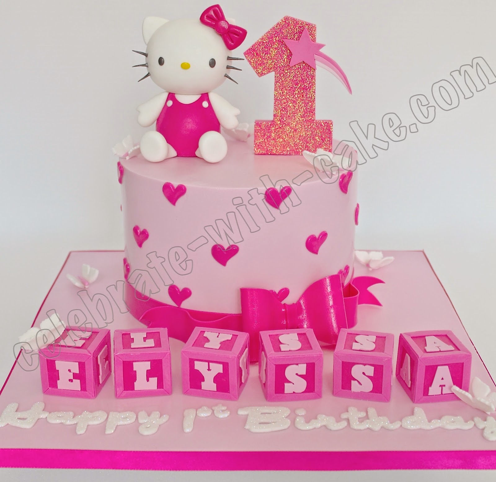Hello Kitty With Name Blocks Single Tier 1st Birthday Cake
