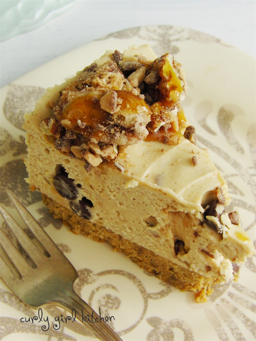 Chocolate Chip Cookie Dough Cheesecake with Salted Candied Pecans