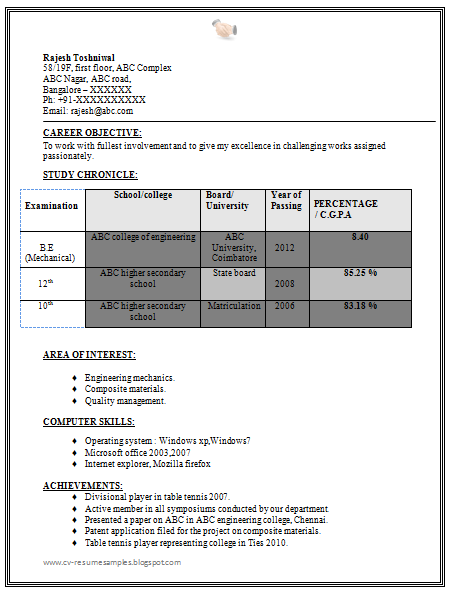 resume format for be mechanical freshers