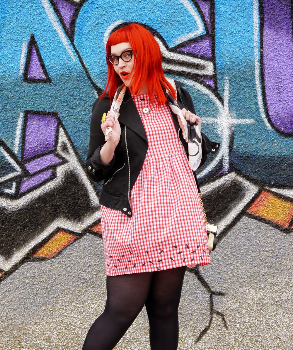 Blogging duo, Scottish blogging duo, Scottish bloggers, twin styling, red wig, ginger wig, cat eye glasses, Vintage Style Me gingham dress, Karen Mabon bull in a china shop scarf, H&M biker style jacket, Bonnie Bling name ring, Helen's style, Blog birthday, style challenge, Sugar & Vice cherry bakewell necklace