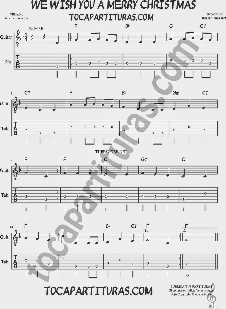 Tubescore We Wish You a Merry Christmas Tab Sheet Music for Guitar in F Major Christmas Carol with chords
