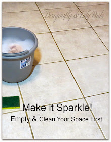 http://www.dragonflyandlilypads.com/2015/01/dancing-in-craft-room-ii.html A bucket of soapy water, Ceramic tile, Sponge, Clean, Sparkling floor.