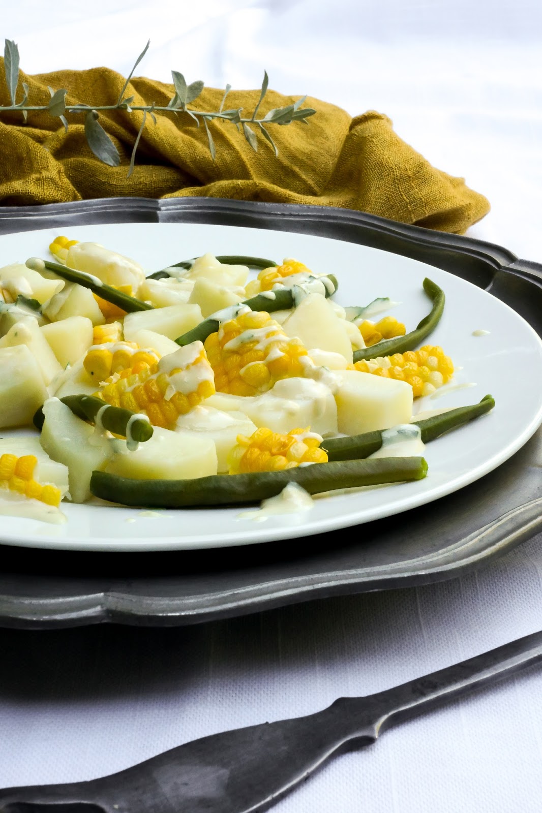 Potato, corn and green bean salad with tahini dressing Tera Solara