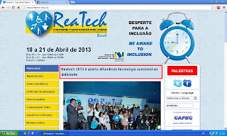 Imagem: Print do site da Reatech com a manchete: Reatech 2013 é aberta difundindo tecnologia acessível ao deficiente .