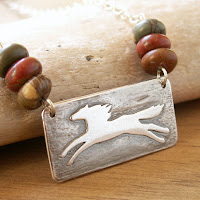 unique horse necklace handmade in recycled fine silver with jasper stone beads