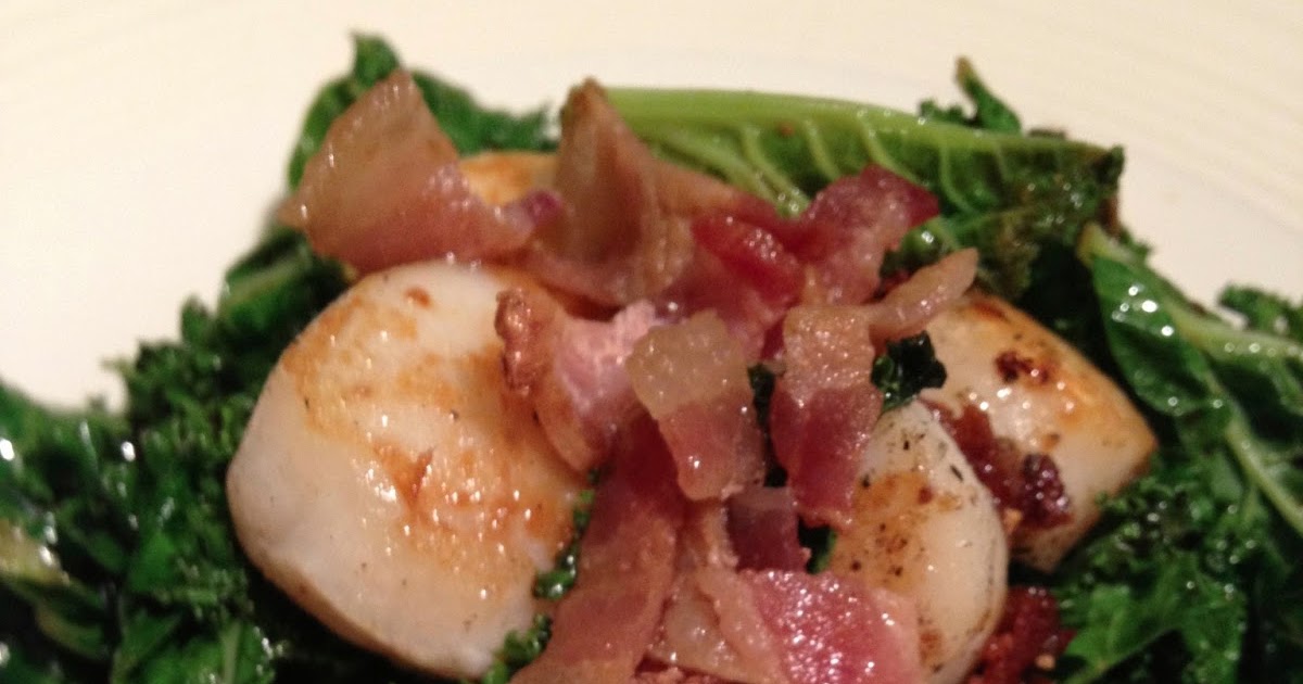 ruddy wine Pan Seared Scallops with Bacon & Kale