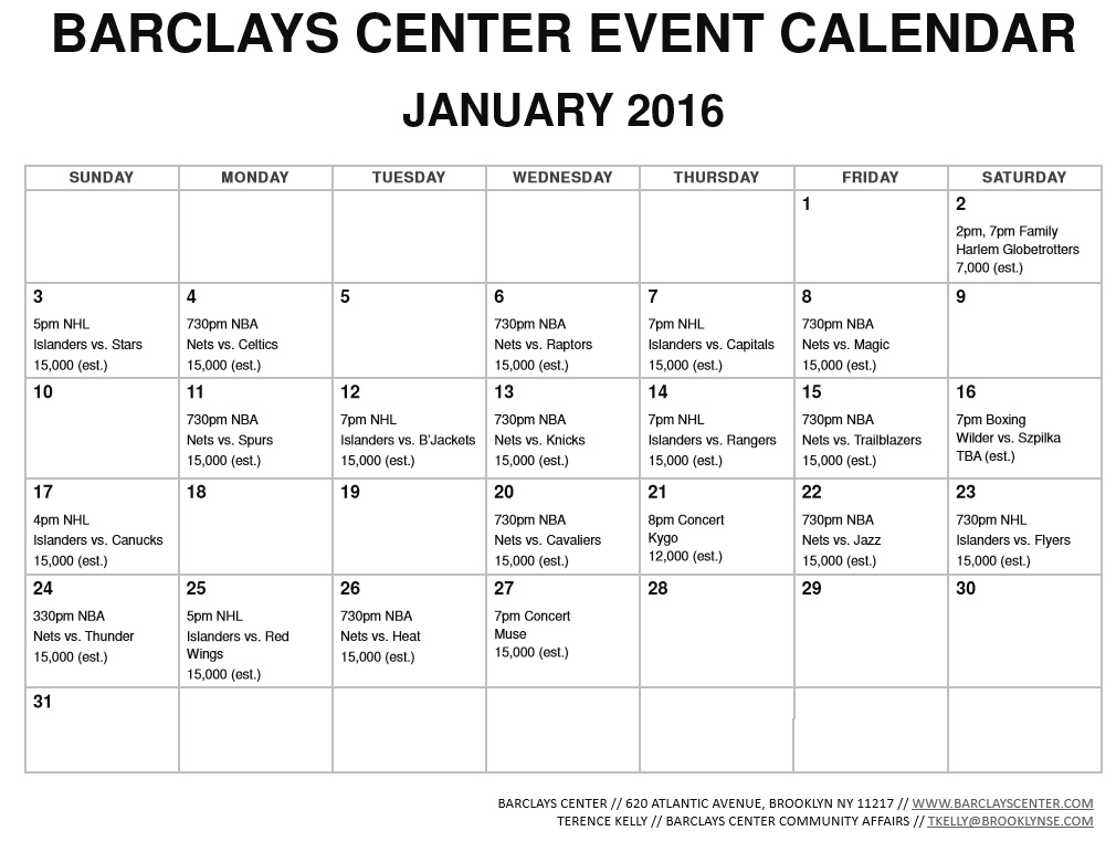 The January 2016 Barclays Center event calendar shows how the Islanders