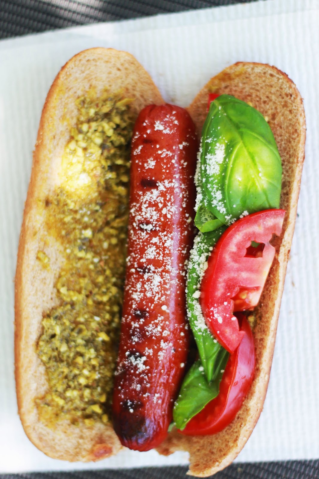 On the Menu Tomato, Basil, Pesto Hot Dogs / kelsey malie