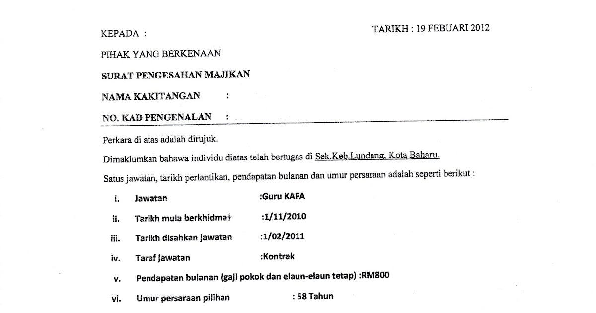 Contoh Surat Pengesahan Pendapatan Bekerja Sendiri Untuk Ptpn