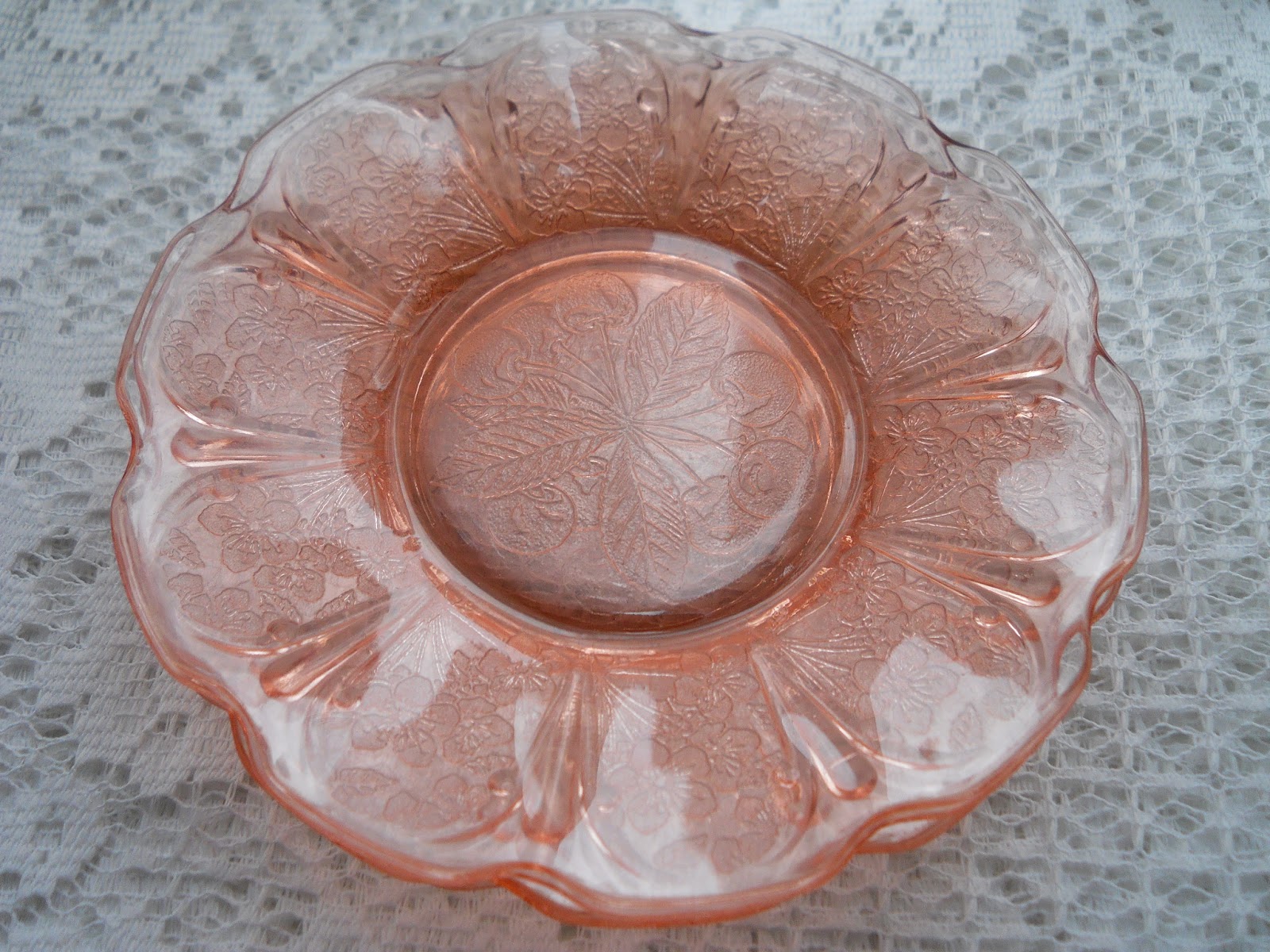 The Traveling Teapot Pink Cherry Blossom Depression Glass