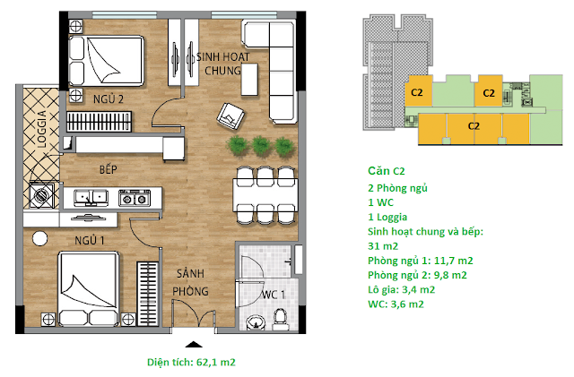 Căn hộ C2 diện tích 62,1 m2 tầng 8-9 - Valencia Garden Căn hộ C2 diện tích 62,1 m2 tầng 8-9 - Valencia Garden