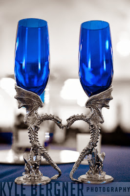 Bride and Groom's pewter dragon toasting flutes with blue glass