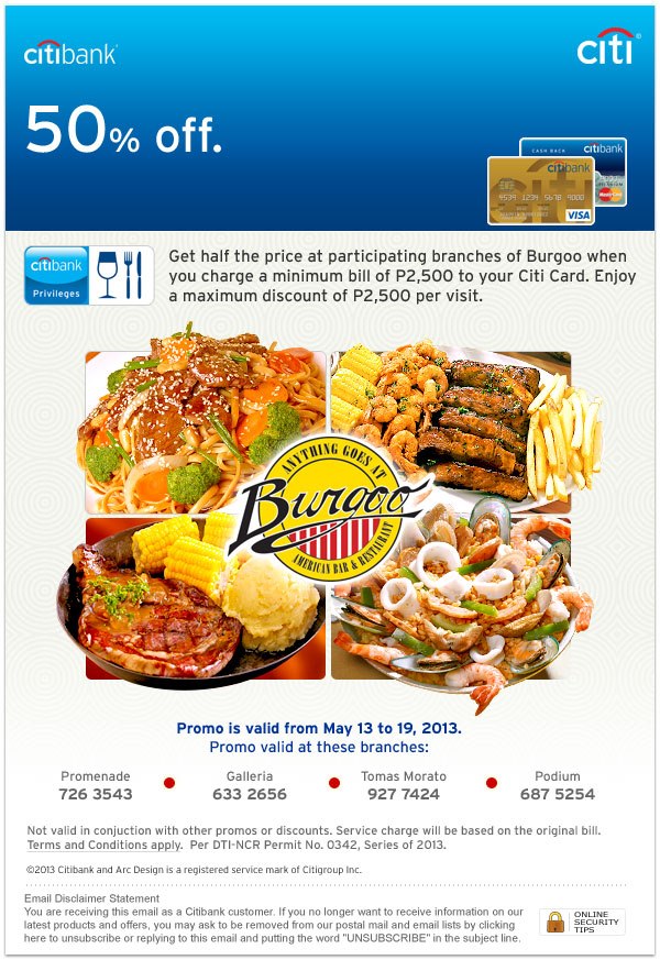 Manila Shopper: Citibank Wee Nam Kee & Burgoo 50% Promo: May 2013