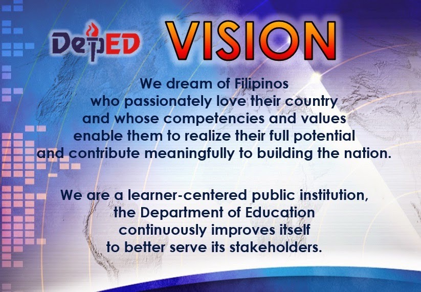 deped vision mission core values The review of our vision and mission was anchored on the filipino core values of maka-diyos, maka-tao, makakalikasan and makabansa as. deped vision mission core values The review of our vision and mission was anchored on the filipino core values of maka-diyos, maka-tao, makakalikasan and makabansa as.
