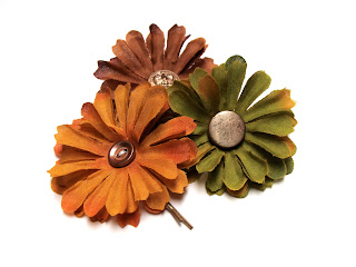 set of three hair flowers with vintage button centers bobby pin hair flowers in mustard yellow, nutmeg brown, and moss green with gold button centers