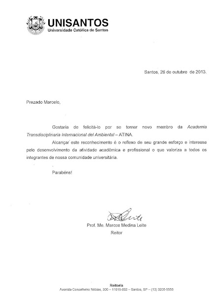 CARTA DE RECONHECIMENTO ENCAMINHADA PELO REITOR DA UNISANTOS PARA MARCELO GIL / 2013