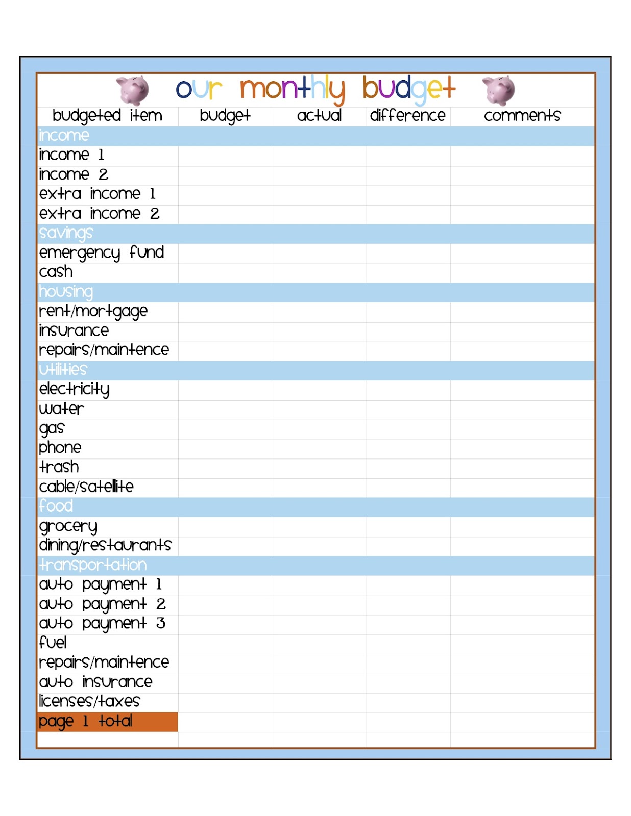 Blank Budget Worksheet