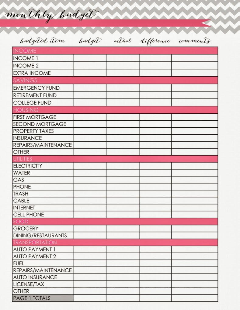 free printable monthly household budget worksheet