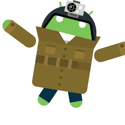 茶色のコート着用で頭にカメラを被ったAndroid のロボットのGIF画像。
