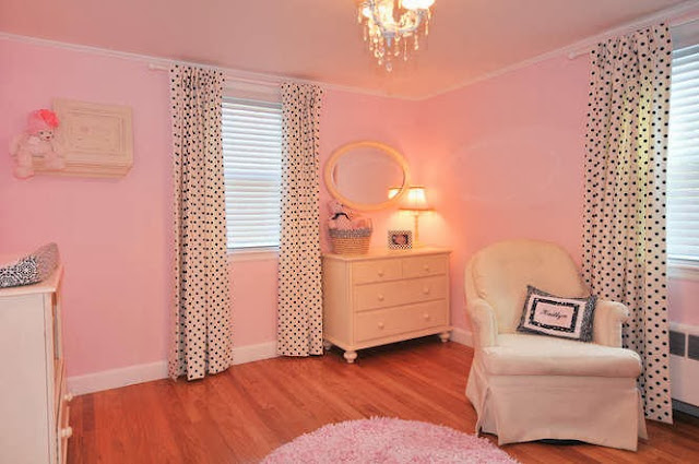 lovely in color and fun in patterns lovely pink wall painting surrounding creamy color furniture and fun polkadot pattern curtains