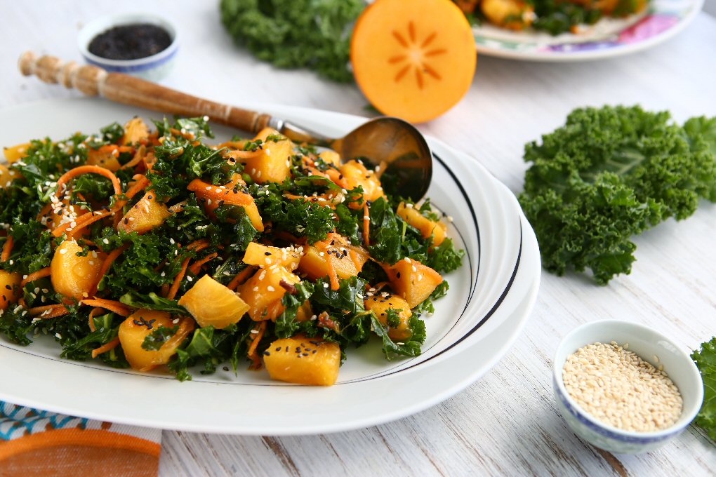 Persimmon Kale Salad with Sesame Seed Oil Dressing