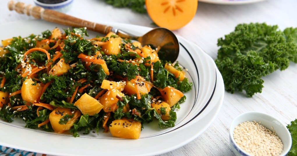 Persimmon Kale Salad with Sesame Seed Oil Dressing