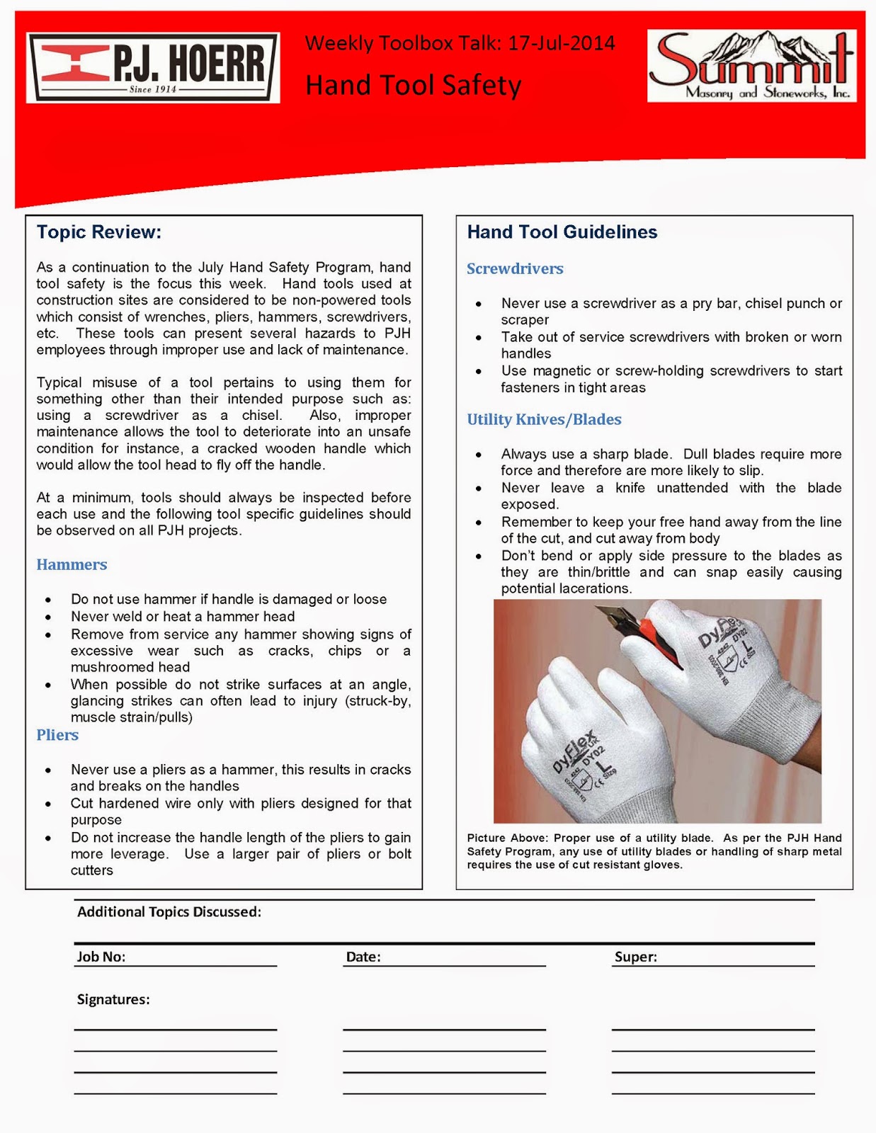 P.J. Hoerr, Inc. P.J. Hoerr & Summit Masonry Weekly Toolbox Talk