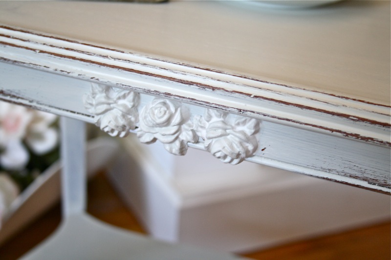 The Polka Dot Closet Shabby Little Table With Plaster Appliques I Brushed It With Heirloom White Paint Had A Gallon Of Made By Having The Cap Rustoleum Spray Color