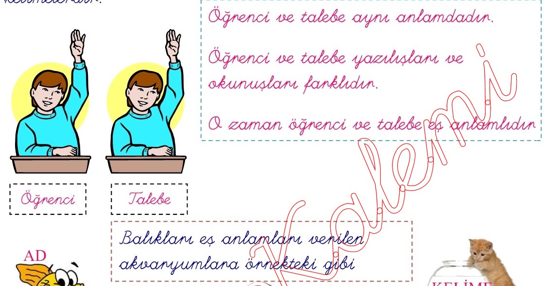 eş anlamli kelimeler 1. Sinif Türkçe Dersi - Ödev Kalemi