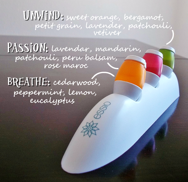 Essio Shower Diffuser for Aromatherapy- Starter Kit includes: Breathe, Passion, and Unwind essential oil blends.