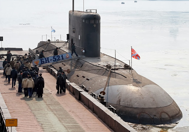 The Northern Fleet also began exercises on Monday involving four nuclear and diesel submarines and 14 surface warships Varshavyanka (Kilo) class SSK