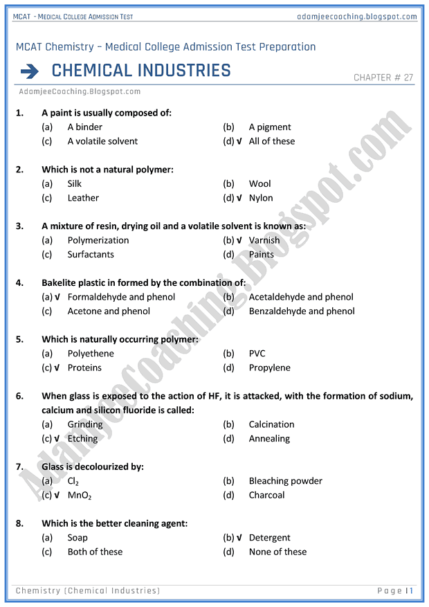 Adamjee Coaching MCAT Chemistry [Chemical Industries] Mcqs for Medical