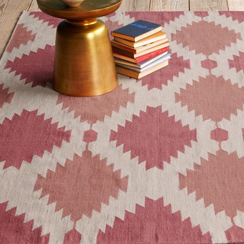 West Elm Phoenix Wool Dhurrie Rug pink rug, geometric, flat weave, fresh, pale decor