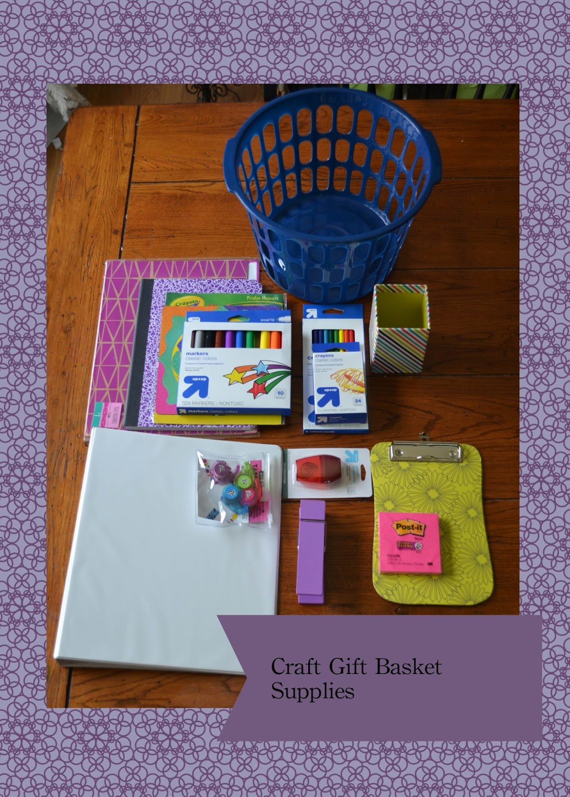 Office Supply Gift Basket Mommiedom I Decopodged A Binder Giant Cloths Pin It Holds Photos Or Artwork Composition Notebook And Clip Board Used Some Paper Had In My Stash Than