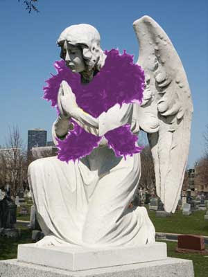 Angel statue with a purple feather boa