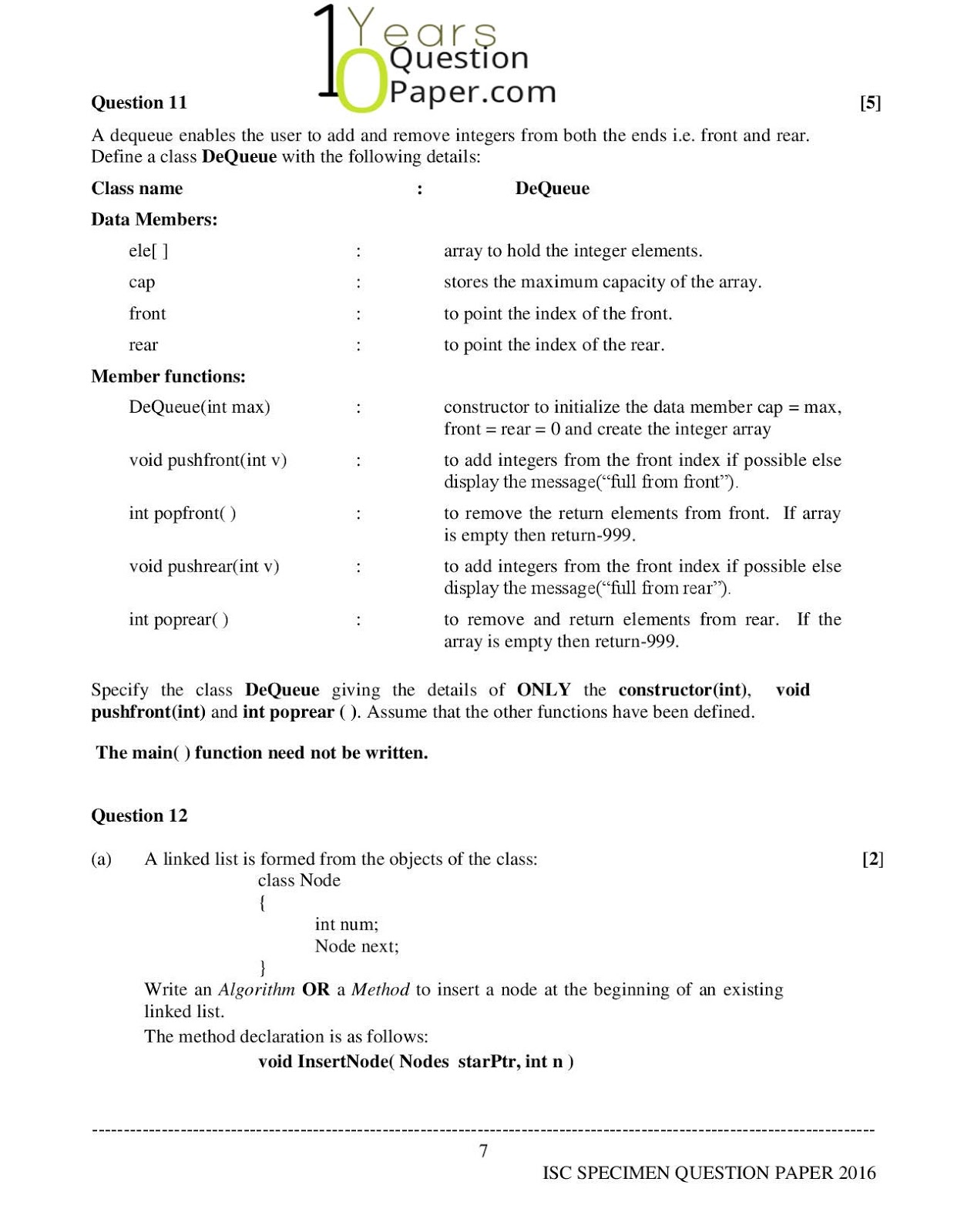 isc 2016 class 12th computer science Specimen question paper isc 2016 class 12th computer science Specimen question paper