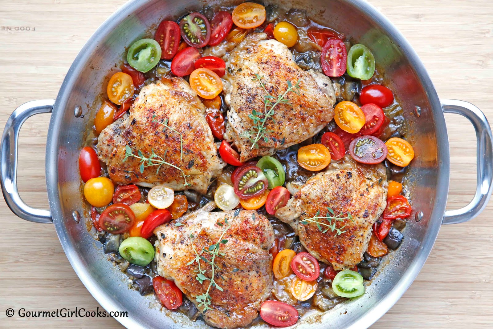 Gourmet Girl Cooks Braised Chicken, Eggplant & Tomatoes A One Pot Meal