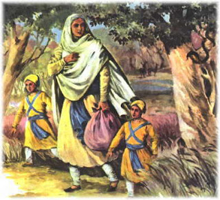 Mata Gujri Ji with Sahibzada Zorawar Singh and Fateh Singh