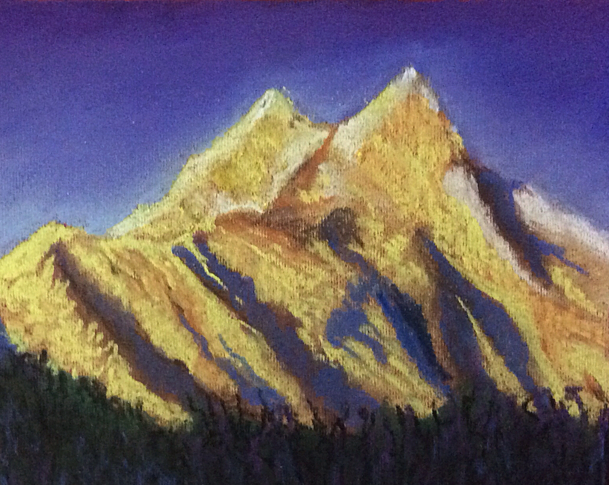 Soft Pastel painting of landscape with mountains done by participant during a soft pastel workshop by Manju Panchal