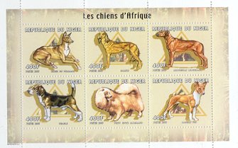 2000年ニジェール共和国　ファラオ・ハウンド　サルーキ　ローデシアン・リッジバック ビーグル　スピッツ　バセンジーの切手シート