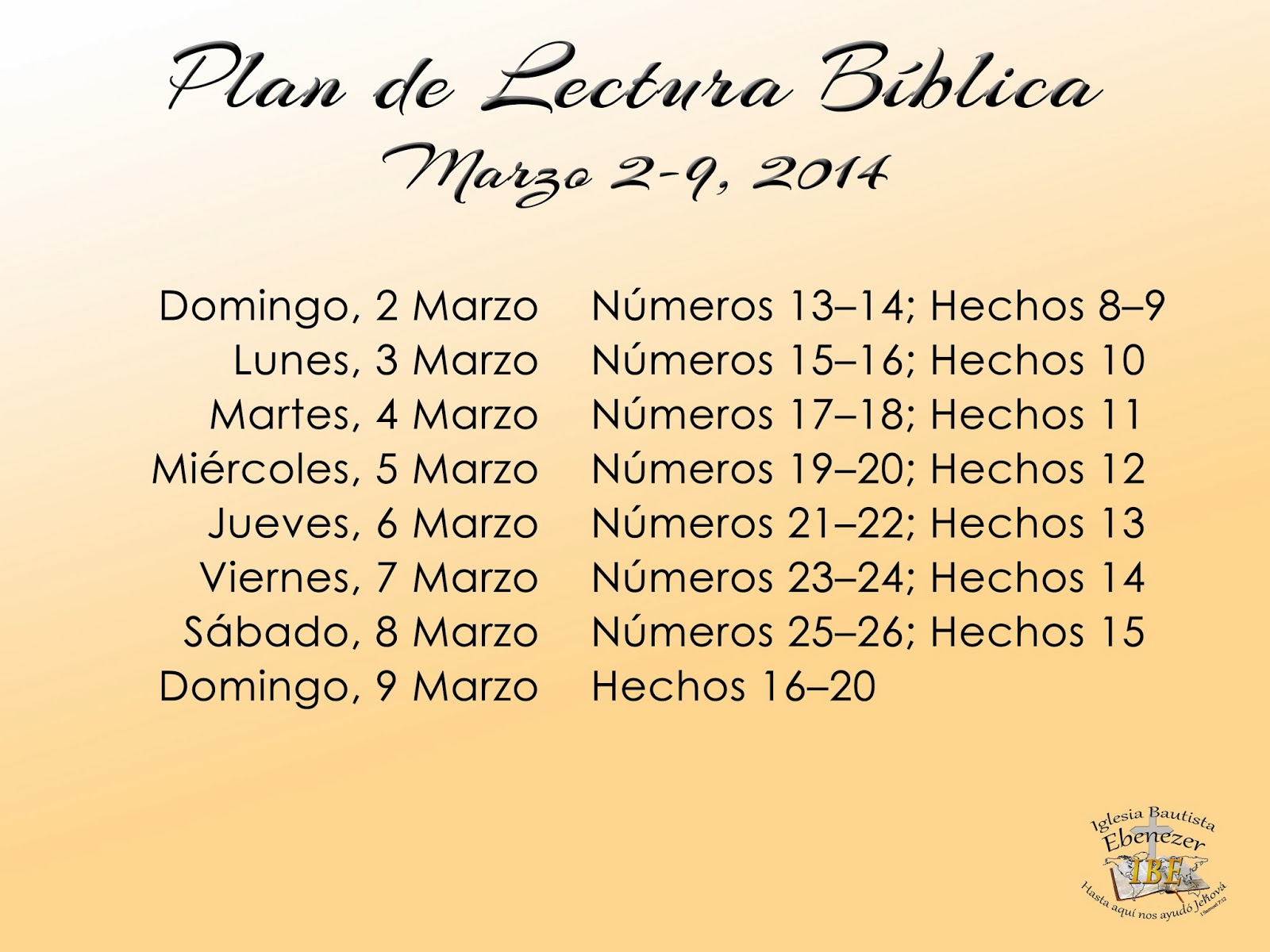 Iglesia Bautista Ebenezer NJ Lectura Bíblica Diaria Marzo 29, 2014