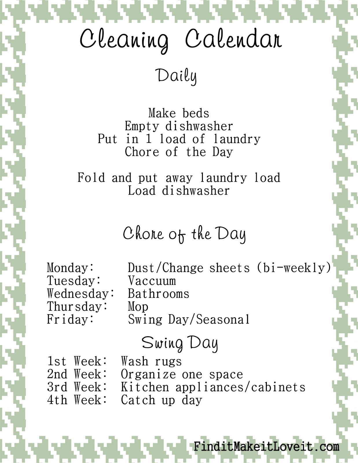 cleaning calendar